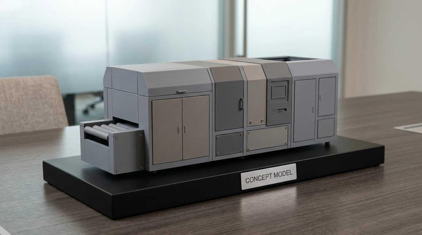 Concept rendering of a neutral-gray conference-table machinery model on a dark display base.