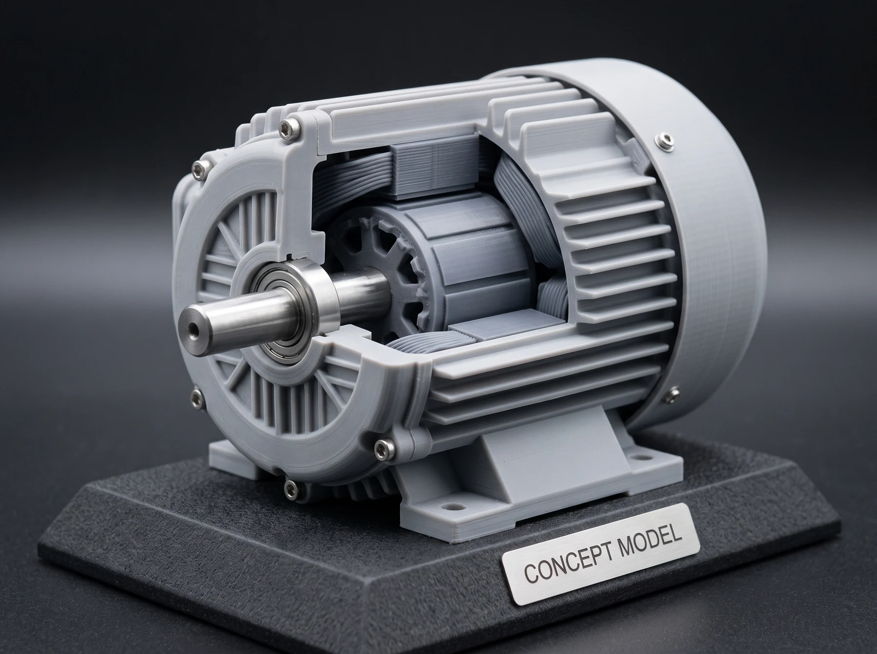 Concept rendering of a neutral-gray industrial motor cutaway model on a dark display base.